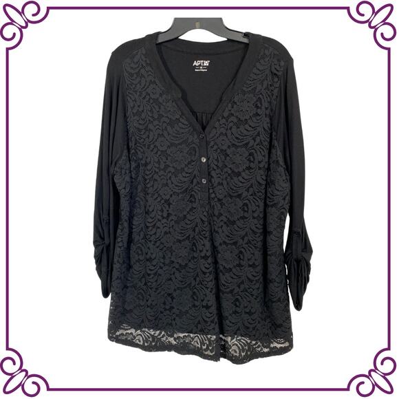 Apt. 9 Tops - Apt. 9 Black Lace Overlay Relaxed Fit 3/4 Sleeve V Neck Tunic Blouse 1X